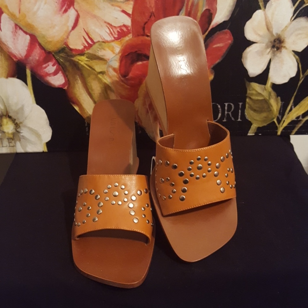 Leather Open-toe Wedge Mules (Sz 9.5)